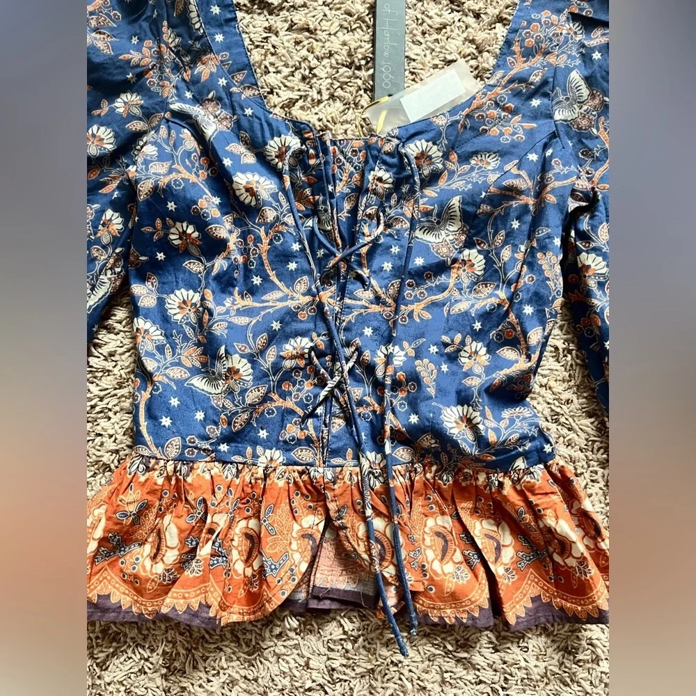 House of Harlow 1960 Nastassia blue and orange floral billowy puff sleeve - Picture 7 of 16
